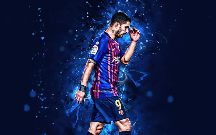 4k, Luis Suarez, close-up, La Liga, Barcelona FC, uruguayan footballers, FCB, Suarez, Barca, football stars, neon lights, soccer, LaLiga