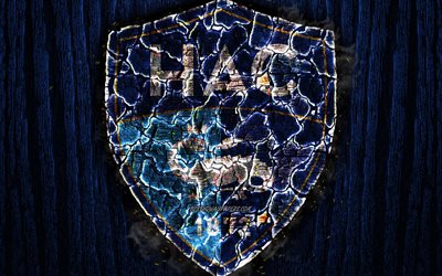 Le Havre AC, scorched logo, Ligue 2, blue wooden background, french football club, Havre FC, grunge, football, soccer, Havre logo, fire texture, France