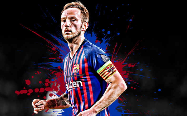 Ivan Rakitic, 4k, Croatian football player, FC Barcelona, midfielder, blue maroon paint splashes, creative art, La Liga, Spain, football, grunge, Rakitic