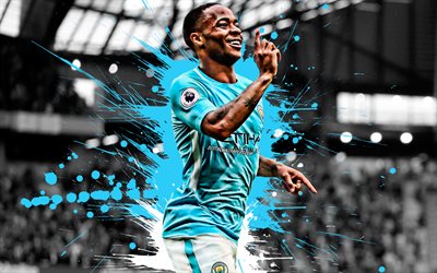 Raheem Sterling, 4k, English football player, Manchester City FC, midfielder, blue paint splashes, creative art, Premier League, England, football, grunge