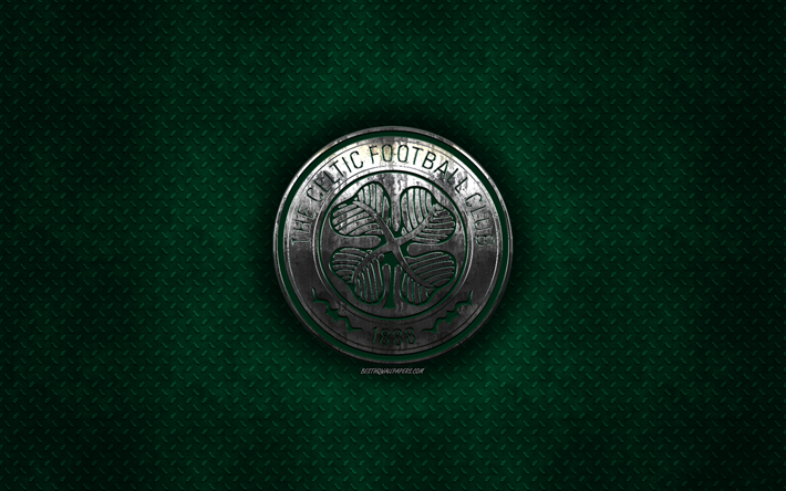 Celtic FC, Scottish football club, gr&#246;n metall textur, metall-logotyp, emblem, Glasgow, Skottland, Skotska Premier League, kreativ konst, fotboll