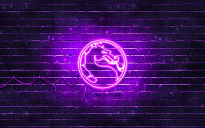 Mortal Kombat-logo violetti, 4k, violetti brickwall, Mortal Kombat-logo, 2020-pelit, Mortal Kombat neon-logo, Mortal Kombat