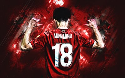Takumi Minamino, Liverpool FC, Japanese footballer, Premier League, England, football, red stone background