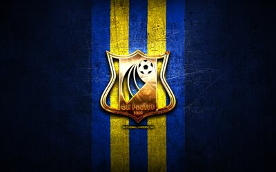 Rostov FC, golden logo, Russian Premier League, blue metal background, football, FC Rostov, russian football club, Rostov logo, soccer, Russia