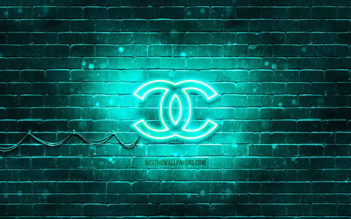 Chanel turkuaz logo, 4k, turkuaz brickwall, Chanel logo, marka, neon Chanel logosu, Chanel