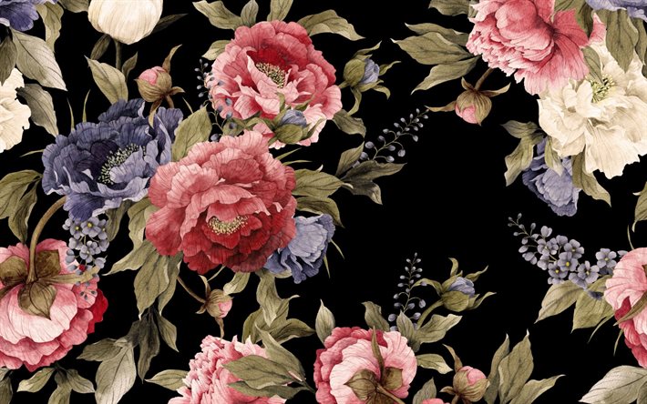 retro textura com flores, fundo preto com flores, pe&#244;nias textura, retro, floral de fundo
