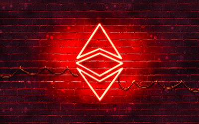 Etereum logotipo rojo, 4k, rojo brickwall, Etereum logotipo, cryptocurrency, Etereum de ne&#243;n logotipo, cryptocurrency signos, de Etereum