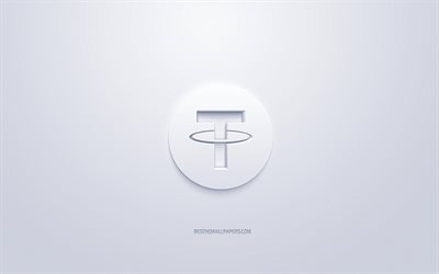 Tether-logotyp, 3d-vit logo, 3d-konst, vit bakgrund, cryptocurrency, Tether, finansiering begrepp, f&#246;retag, Tether 3d-logotyp