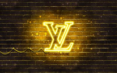 Louis Vuitton logo amarillo, 4k, amarillo brickwall, Louis Vuitton logotipo, marcas, Louis Vuitton ne&#243;n logotipo de Louis Vuitton