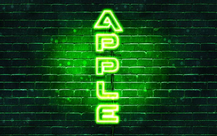 4K, A Apple logotipo verde, texto vertical, verde brickwall, A Apple neon logotipo, criativo, Log&#243;tipo da Apple, obras de arte, Apple