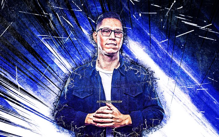 4k, DJ Mike Carbonell, grunge art, american DJs, music stars, blue abstract rays, creative, american celebrity, Mike Carbonell 4K