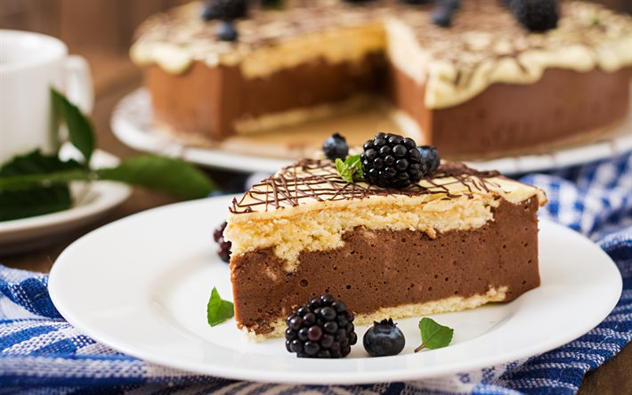 cheesecake de chocolate, blackberry, cheesecake com frutos silvestres, bolo de chocolate, cheesecake