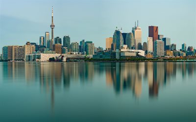 Toronto, kv&#228;ll, stadsbilden, CN Tower, moderna byggnader, skyline, Ontario, Kanada