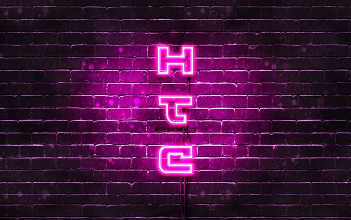 4K, HTC紫色のロゴ, テキストの垂直, 紫brickwall, HTCネオンのロゴ, 創造, HTCロゴ, 作品, HTC