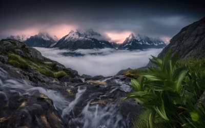 berg river, morgon, soluppg&#229;ng, dimma, bergslandskapet, Alperna, Schweiz