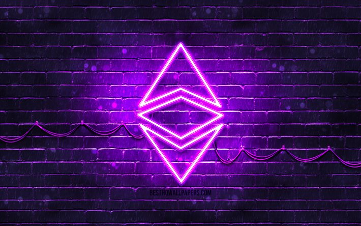 Ethereum viola logo, 4k, viola, brickwall, Ethereum logo, cryptocurrency, Ethereum neon logo, cryptocurrency segni, Ethereum