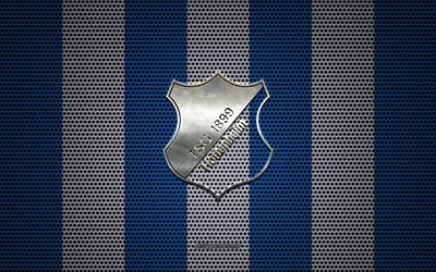 TSG1899Hoffenheimロゴ, ドイツサッカークラブ, 金属エンブレム, 青色はホワイトメタルメッシュの背景, TSG1899Hoffenheim, ブンデスリーガ, Hoffenheim, ドイツ, サッカー