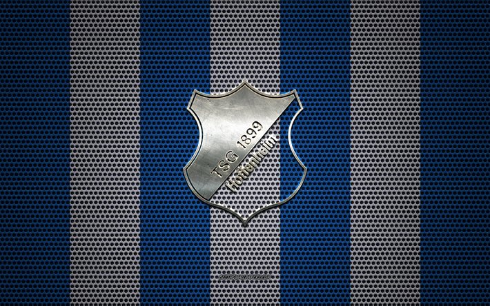 TSG 1899 Hoffenheim logo, French football club, metal embl&#232;me, blue white metal mesh background, TSG 1899 Hoffenheim, Bundesliga, Hoffenheim, Germany, football