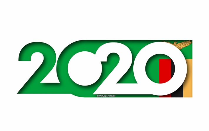 Zambia 2020, Flaggan i Zambia, vit bakgrund, Zambia, 3d-konst, 2020 begrepp, Zambia flagga, 2020 Nytt &#197;r, 2020 Zambia flagga