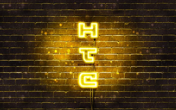 4K, HTC jaune logo, texte vertical, jaune brickwall, HTC n&#233;on logo, cr&#233;ation, logo HTC, œuvres d&#39;art, HTC
