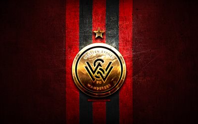 WS Wanderers FC, logo oro, Campionato di serie A, rosso, metallo, sfondo, calcio, Western Sydney Wanderers, Australian football club, WS Wanderers logo, Australia