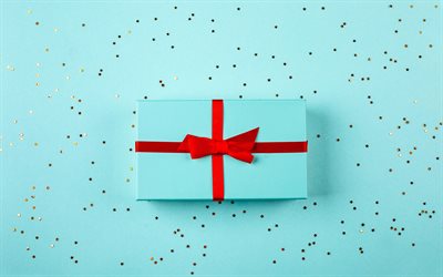blu scatola regalo, minimal, concetti di vacanza, regali, scatola blu, macro