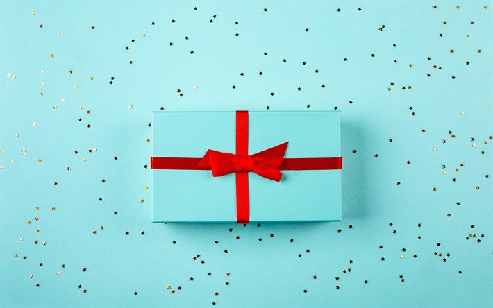 blu scatola regalo, minimal, concetti di vacanza, regali, scatola blu, macro