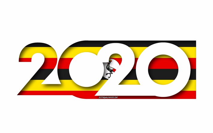 Uganda 2020, Bandiera dell&#39;Uganda, sfondo bianco, Uganda, 3d arte, 2020 concetti, Uganda bandiera, 2020, il Nuovo Anno 2020 Uganda bandiera