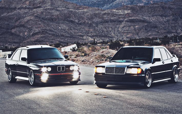 BMW M3, E30, メルセデス-ベンツ190E, チューニング, 道路, ヘッドライト, ドイツ車, メルセデス
