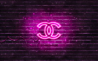 Chanel de color p&#250;rpura logo, 4k, p&#250;rpura brickwall, logotipo de Chanel, marcas, Chanel ne&#243;n logotipo de Chanel