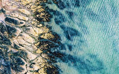 vista a&#233;rea, costa, rochas, ondas, mar, oceano, &#225;gua azul