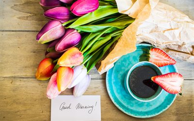 Bonjour, bouquet de tulipes, fleurs de printemps, caf&#233;, romantique matin, les tulipes