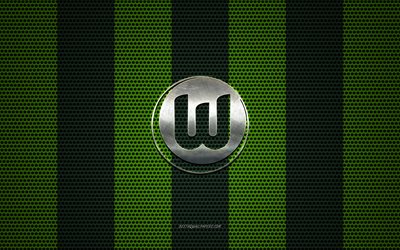VfL Wolfsburg logo, French football club, metal embl&#232;me, green metal mesh background, VfL Wolfsburg Bundesliga, Wolfsburg, Germany, football