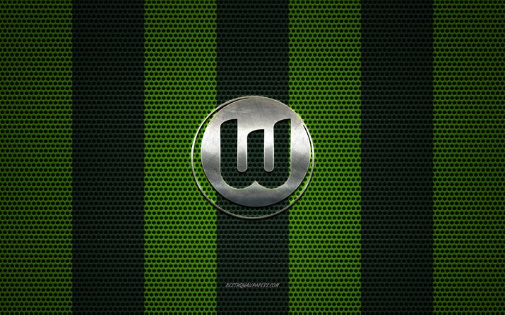 vfl wolfsburg logo, german football club, metal emblem, green metal mesh background, vfl wolfsburg, bundesliga, wolfsburg, germany, football