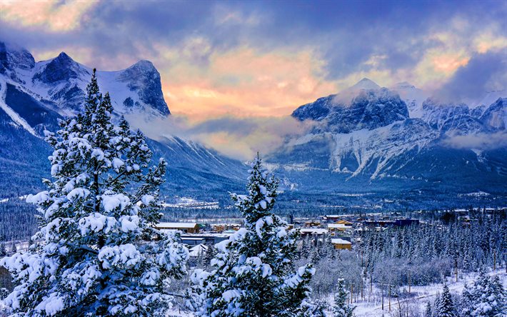 Canmore, invierno, naturaleza hermosa, Alberta, Canad&#225;, canadiense de ciudades, HDR, Am&#233;rica del Norte