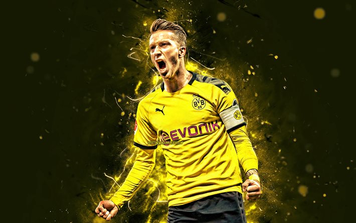 4K, Marco Reus, 2020, Borussia Dortmund FC, BVB, german footballers, soccer, Reus, Bundesliga, football, Marco Reus BVB, neon lights, Marco Reus 4K