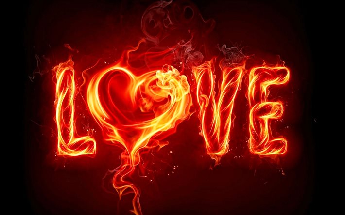 Love, fire flames, creative, love concepts, fire letters, fiery heart
