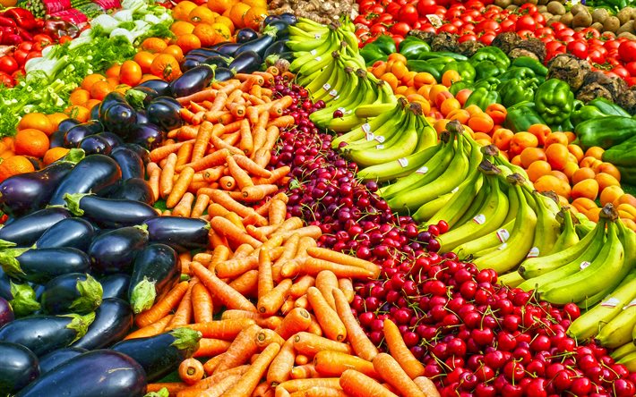 frutas e legumes, 4k, tangerinas, berinjela, cenouras, cerejas, bananas, pimentas, beterraba, legumes, frutas