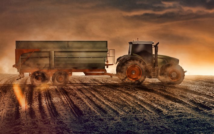 a colheita conceitos, tractor com reboque, noite, p&#244;r do sol, trator no campo, modernos tratores, a colheita