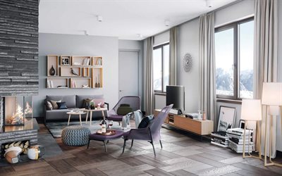 grigio, sala camino, mobili, interni moderni, design moderno, vivente, stanza