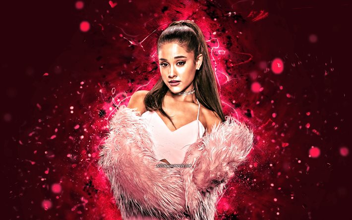 4k, Ariana Grande, americana di celebrit&#224;, luci al neon rosa, Ariana Grande-Butera, fan art, cantante, superstar, Ariana Grande 4K