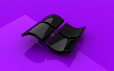 Windows3D黒ロゴ, 紫色の背景, Windowsエンブレム, 創作3dアート, Windows