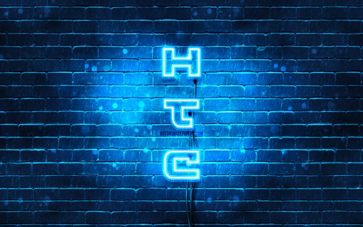 4K, HTC logo blu, testo verticale, blu, brickwall, HTC neon logo, creativo, logo HTC, opere d&#39;arte, HTC