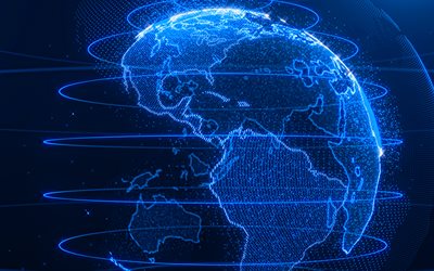 青色のネオンの地球, ネオンデジタル技術の背景, 北米, 南米, 青色のネオンの世界地図, デジタル技術, デジタルブルーの背景, ネットワークの概念