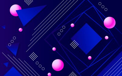blue geometric shapes, pink circles, geometry, lines, creative, geometric shapes, material design, lollipop, triangles, abstract art, strips, blue backgrounds