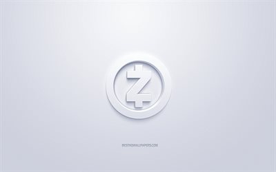 Zcash logo, 3d white logo, 3d art, white background, cryptocurrency, Zcash, finance concepts, business, Zcash 3d logo