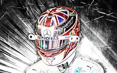 4k, Lewis Hamilton, grunge art, Mercedes-AMG Petronas Motorsport, british racing drivers, Formula 1, musta abstrakti-s&#228;teilt&#228;, F1-2020, Lewis Carl Davidson Hamilton, F1
