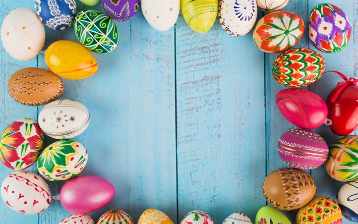 Paskalya yumurtaları, Paskalya ile Paskalya yumurta &#231;er&#231;eve, 4k, Paskalya kavramlar, Paskalya yumurtaları ahşap arka plan, yaratıcı, arka plan