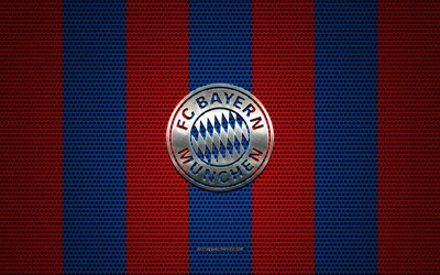FC Bayern Munich logo, German football club, metal emblem, red-blue metal mesh background, FC Bayern Munich, Bundesliga, Munich, Germany, football, Bayern Munich