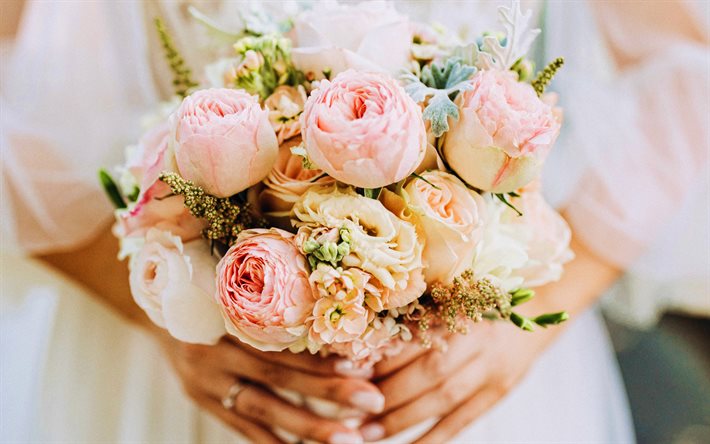 bouquet da sposa, rose rosa, sposa, concetti di nozze, bouquet di rose, 4k